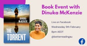 Better Reading Facebook Live Event showing The Torrent Book Cover and a headshot of Dinuka McKenzie