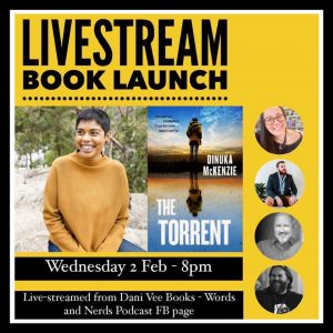 Facebook live promo for The Torrent virtual book launch featuring images of Dinuka McKenzie, Dani Vee, Ben Hobson, Craig Sisterson and RWR McDonald