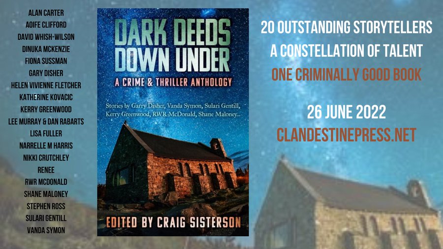 Dark Deeds Downunder Anthology cover featuring an old brick church under night skies